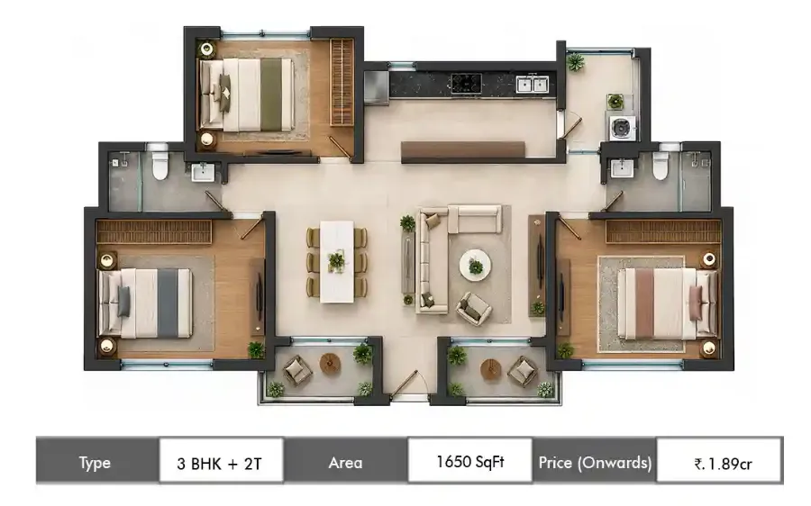 Hero Leafsong Retreat 3 BHK + 2T floor plan, 1650 sq ft carpet area
