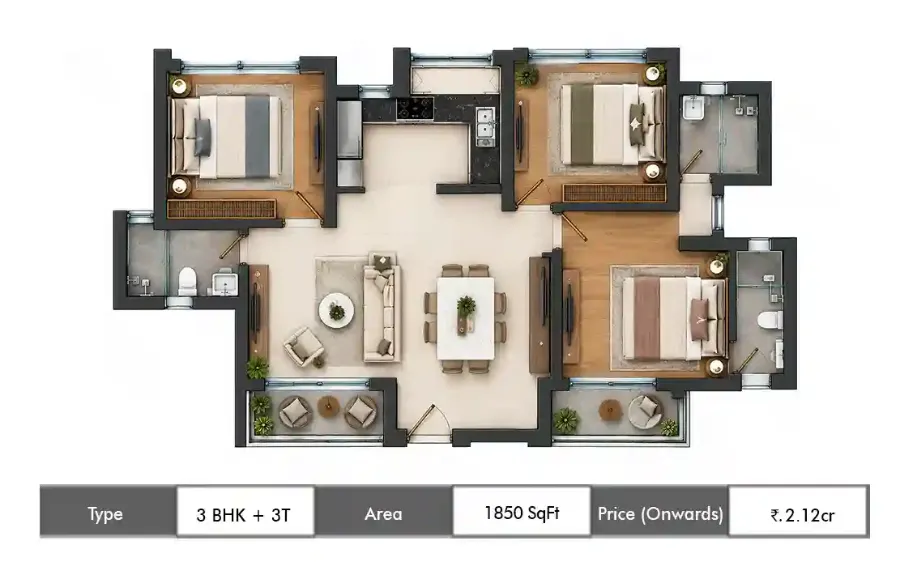 Hero Leafsong Retreat 3 BHK + 3T floor plan, 1850 sq ft carpet area